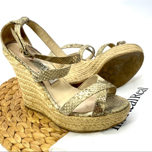 JIMMY CHOO GOLD SNAKE PRINT BUCKLE HIGH WEDGE ESPADRILLE CRISS CROSS HEELS SZ 8 - Picture 7 of 7
